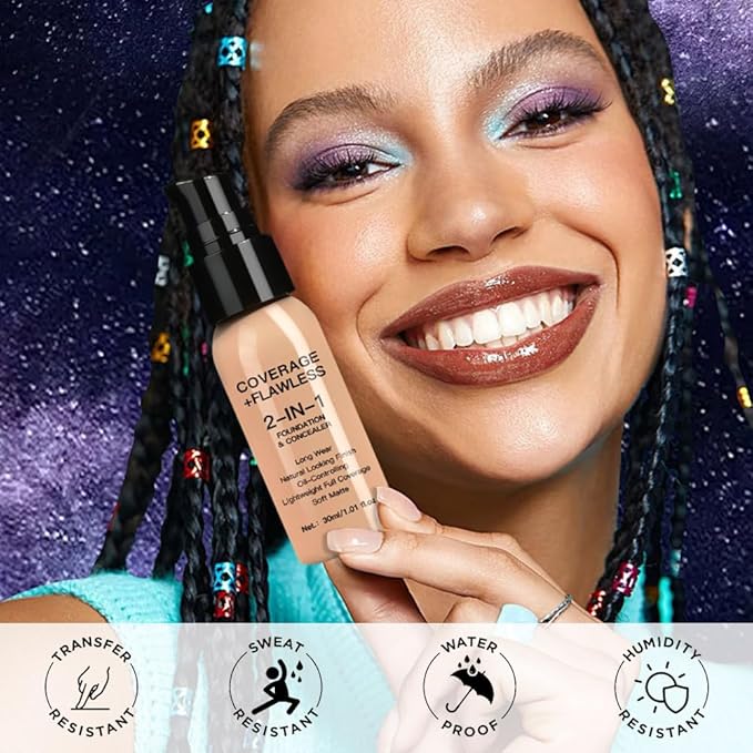 2 in 1 Foundation Concealer, Lightweight Creamy Long Lasting Face Makeup for Combination Oily Skin, Conceals Dark Circles Under Eyes Dark Spots and Blemishes, Vegan Cruelty-Free, Warm Tan