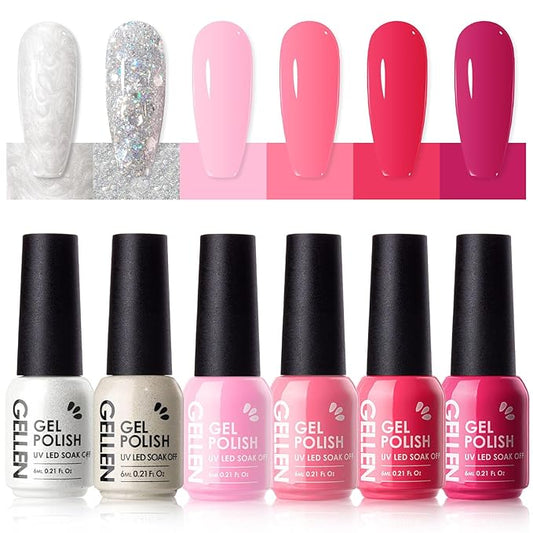 GELLEN Hot Pink Gel Nail Polish, Bright Pink Gel Polish Summer 6 Colors Set, No Wipe Soak Off Glossy UV Light Gel for Acrylic Natural Nails Manicure DIY Home Salon Valentines