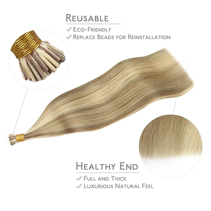 WENNALIFE I Tip Hair Extensions Human Hair, 50g 100s 14 Inch Ash Brown Highlighted Golden Blonde Remy Itip Human Hair Extensions Invisible Itips Straight I Tips Fusion Extensions Real Human Hair