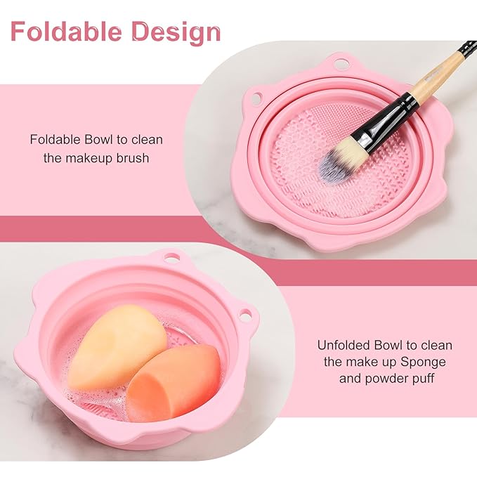 Makeup Brush Cleaner, Etercycle Foldable Silicone Brush Cleaner Bowl Srubber, Portable Washing Tools for Makeup Brush,Powder Puff,Sponge (Light Pink)