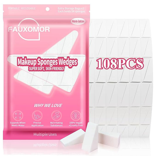 108 Pcs New Makeup Sponges Wedges for Face Foundation, Latex-Free Triangle Cosmetic Make Up Sponge for Flawless Application and Blending, Beauty Blender for All Skin Types with Two Pouches