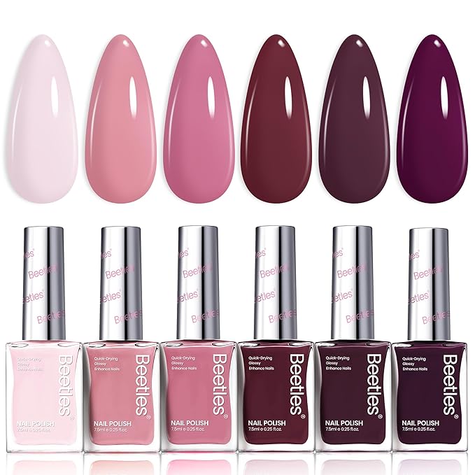 Beetles Nail Polish Set - Twilight Rose 6 Colors Quick Dry Baby Pink Burgundy Red Purple Plum High-Gloss Long-Lasting Nail Polish for DIY At-Home Manicure Fall Christmas Gift for Women