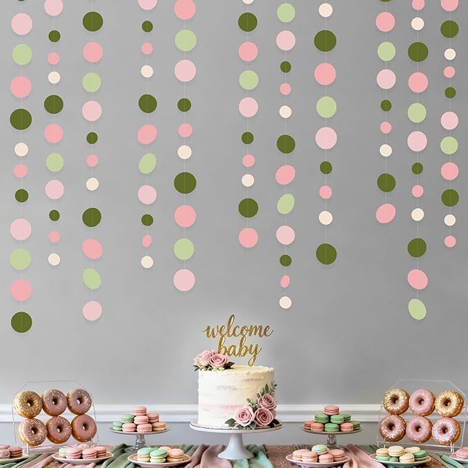 Sage Green and Dusty Pink Polka Dots Garlands Olive Green Dusty Rose Beige Hanging Paper Circle Dots Streamer for Girls Birthday Baby Shower Wedding Engagement Bachelorette Party Decorations Supplies