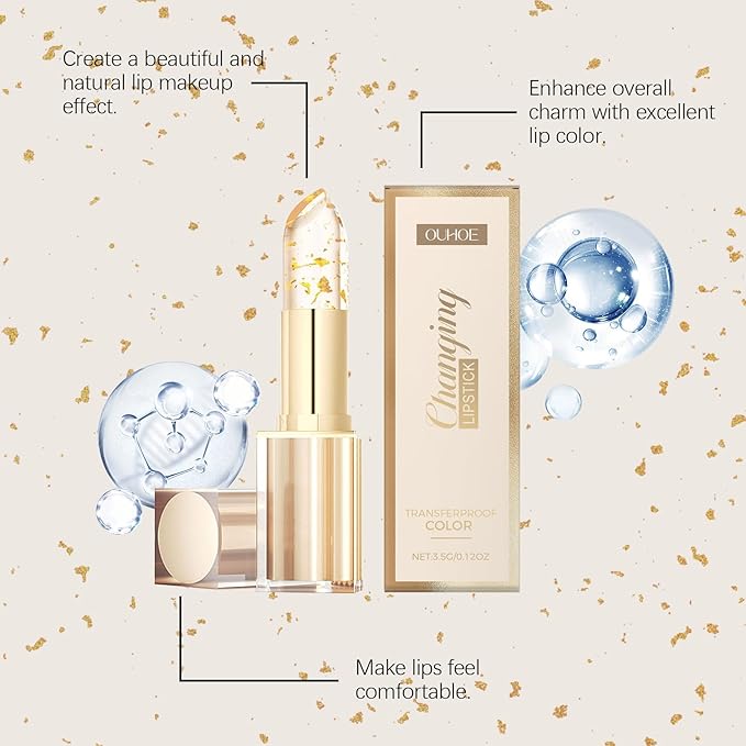 Transferproof Color Changing Lipstick, Gold Crystal Color Changing Lipstick,Long Lasting 24 Hours Moisturizing Glossy Shine Lip Gloss(2PC)