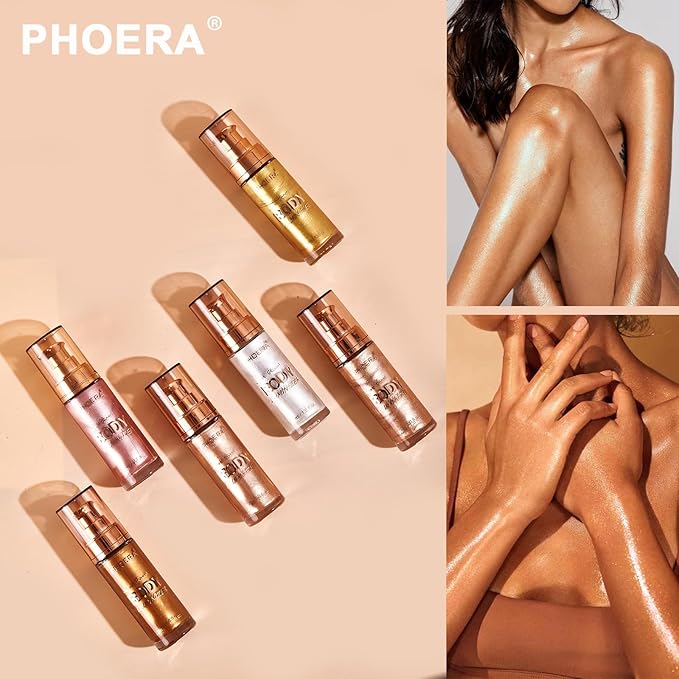PHOERA Body Shimmer Oil,Waterproof Long Lasting Moisturizing Body Luminizer Glow, Illuminator Highlighter for Face with Makup Bursh, 1oz/Jars(101+103/ Rose Gold+Glistening Bronze)