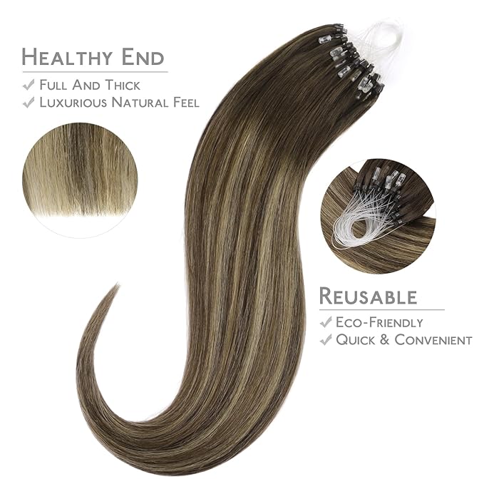 WENNALIFE Microlink Hair Extensions Human Hair, 50g 50s 22 Inch Balayage Chocolate Brown to Caramel Blonde Remy Micro Bead Hair Extensions Real Human Hair Micro Loop Micro Ring Hair Straight Microlink