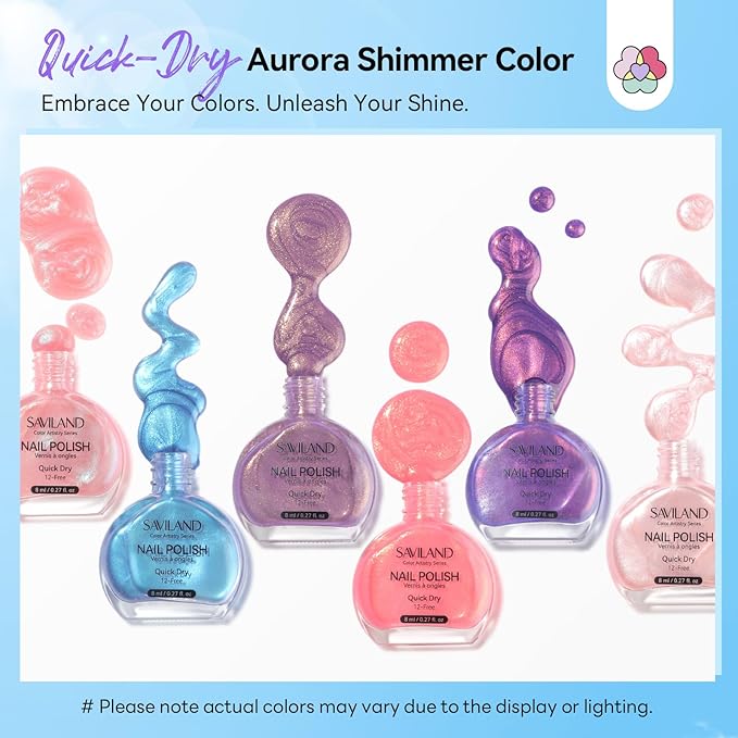 SAVILAND Color Artistry Pearl Nail Polish Set: Quick Dry 12-Free Aurora Nail Polish 6 Shimmer Colors Fingernail Polish Set Color-Locked Summer Vegan Nail Toes Lacquer DIY Nail Art Home Use Women