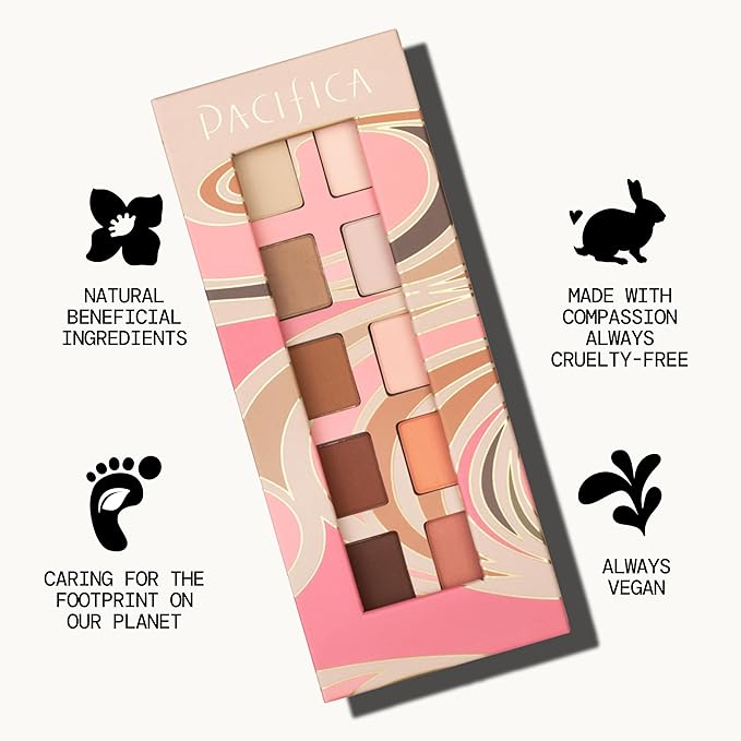 Pacifica Pink Nudes Mineral Eyeshadow Palette, 10 Neutral Shades, For Natural or Smoky Eye Look, Naked Eye Makeup, Longwearing & Blendable, Vegan, Cruelty Free Ophthalmologist Tested
