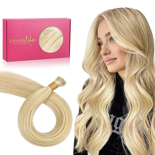 WENNALIFE I Tip Hair Extensions Human Hair, 50g 100s 16 Inch Light Blonde Highlighted Golden Blonde Remy Itip Human Hair Extensions Invisible Itips Straight I Tips Fusion Extensions Real Human Hair