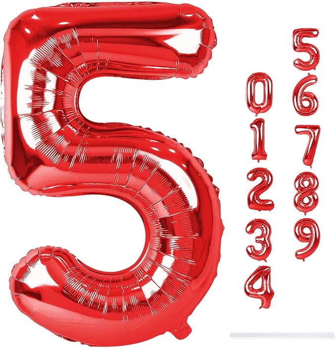 40 Inch Red Large Numbers Balloons 0-9, Self Inflating Foil Number 5 Helium Balloons for 5th Boys Girls, Big Digit 5 Balloons for Women Men Birthday Party Anniversary Graduation Supplies Decorations