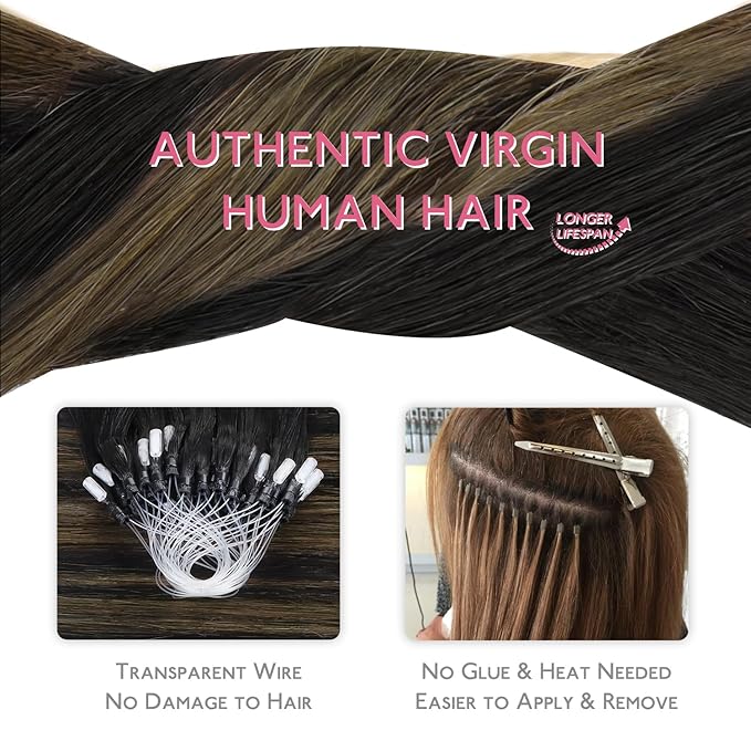 WENNALIFE Microlink Hair Extensions, 50g 50s 18 Inch Human Hair Balayage Natural Black to Chestnut Brown Remy Micro Bead Extensions Ring Straight Microlinks