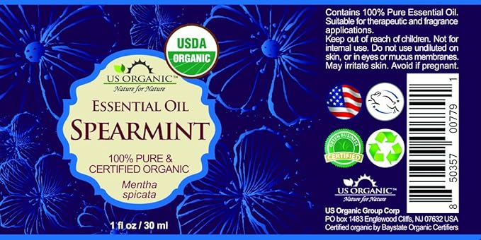 US Organic 100% Pure Spearmint Essential Oil - USDA Certified Organic, Steam Distilled - W/Euro droppers (More Size Variations Available) (30 ml / 1 fl oz)
