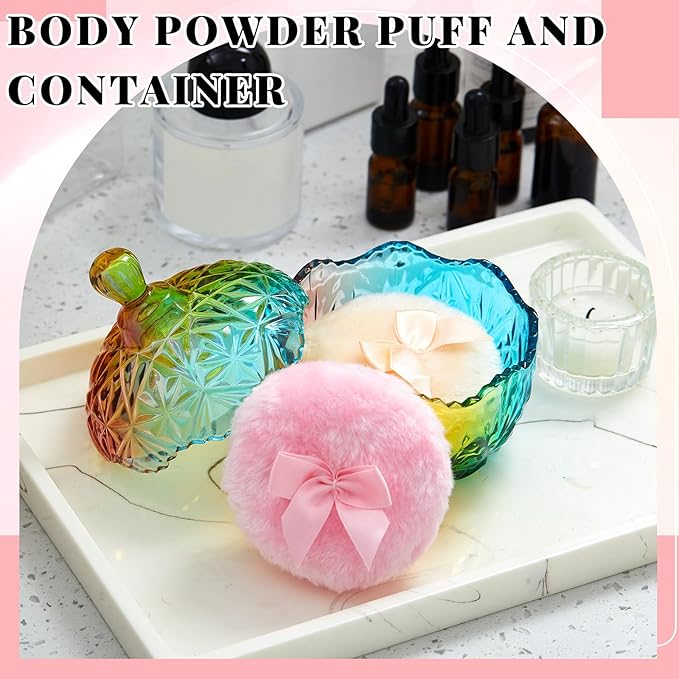 Tioncy 3 Pcs Large Body Powder Puff and Container Powder Container with Puff Crystal Case Soft Washable Reusable Velour Face Body Glitter Wet Dry Makeup(Chic,Colorful)