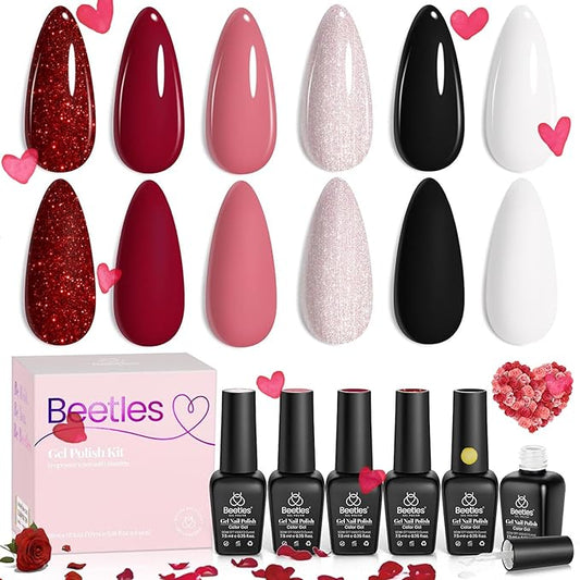Beetles Gel Nail Polish, 6 Colors Nude Pink Red Glitter White Black Rose Golden Gel Polish Queen of Hearts Collection Soak Off Uv Lamp Cured DIY Home Manicure Gift for Women