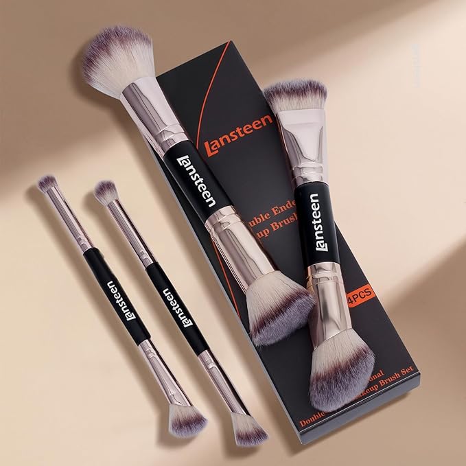 Makeup Brush Set, 4PCS Dual Ended Foundation, Powder, Contour, Concealer, eye Make up Brushes For Liquid Blending Cream Bronzer, Kabuki Face Brushes Makeup