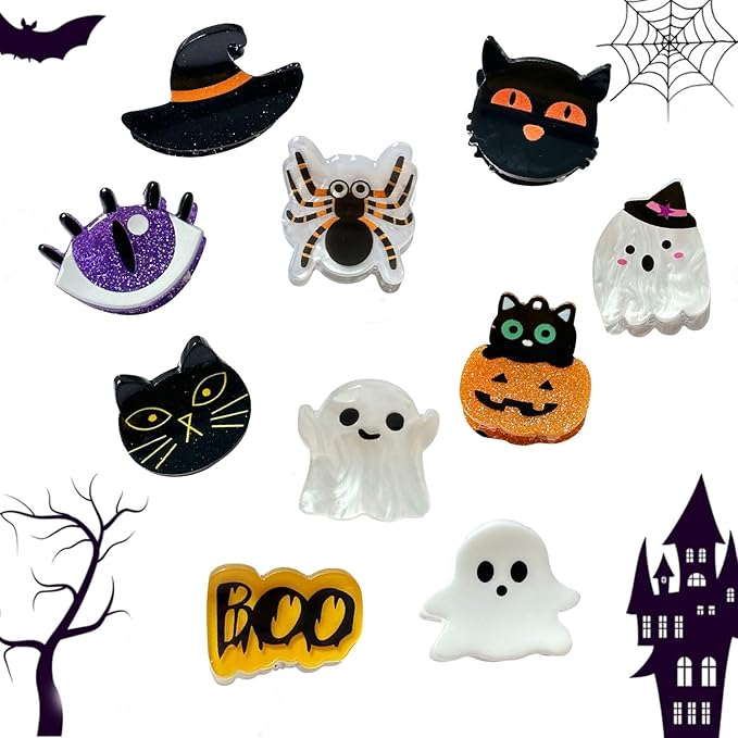 10 Pcs Halloween Hair Claw Clips Cat Spider Small Claw Clip Forehead Bangs Broken Cute Ghost Pumpkin Eyes Hat Shape Non Slip Mini Hair Clips Alloy Side Barrettes for Women Thin Medium Short Hair