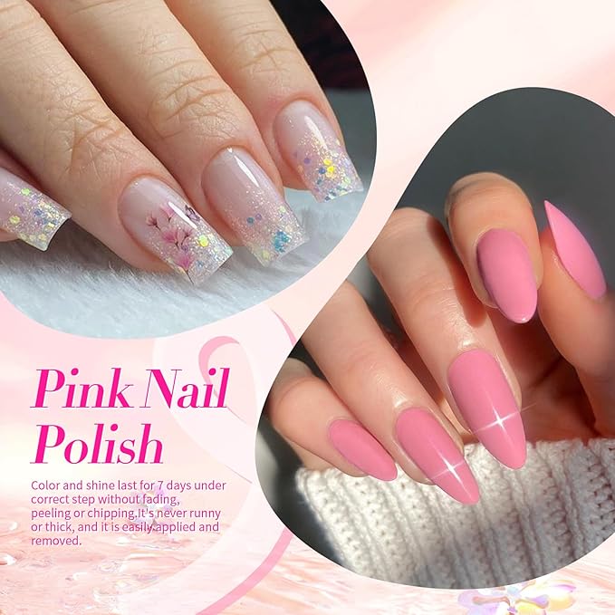 Born Pretty Pink Nail Polish Set, 6 Colors Nude Pink Hot Pink Neon Pink Glitter Nail Polish Quick Dry 10ml 0.34oz Nail Lacquer Kit for Diy Nail Art Salon Home Gifts for Women Girls