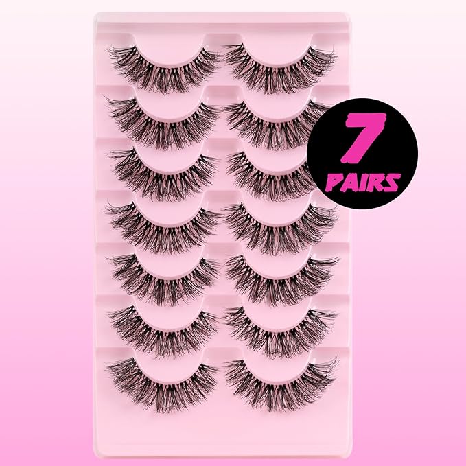 Veleasha Russian Strip Lashes Faux Mink Lashes Fluffy Eyelashes 7 Pairs 12-19mm Clear Band False Eyelashes Looks Like Eyelash Extensions D Curl Fake Eyelashes (DT01)