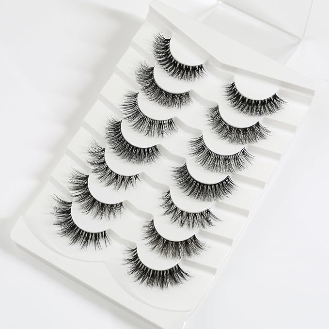 3D Clear Band False EyeLashes Soft Faux Mink Lashes Wispy Fluffy Eyelashes Natural Cat Eye Short Reusable 7 Pairs Happy Heartbeat(No.191)