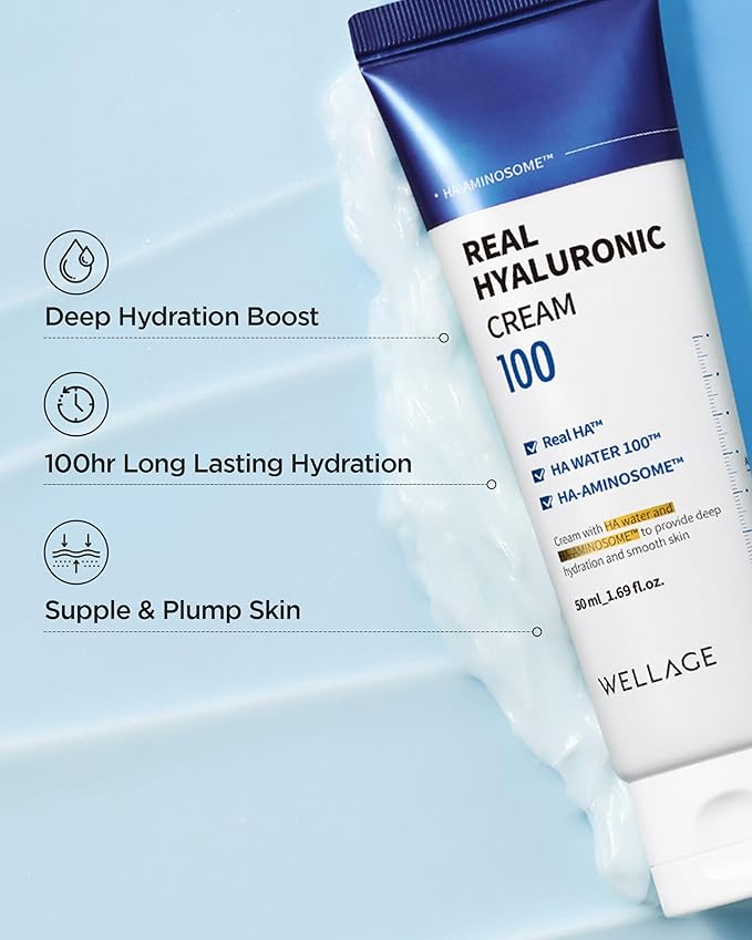 WELLAGE Real Hyaluronic Cream 100, Pure Hyaluronic Acid Korean Face Moisturizer with Ceramide Panthenol Squalane Vitamin B5 Niacinamide - Hydrating face moisturizer, Hypoallergenic, 2.7oz.