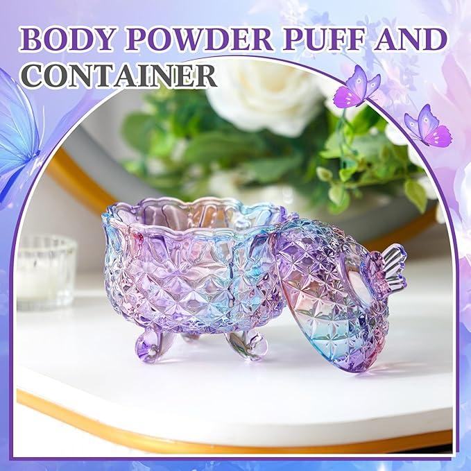 Tioncy 3 Pcs Large Body Powder Puff and Container Powder Container with Puff Powder Puff Crystal Container Soft Washable Reusable Velour Face Body Glitter Powder Puff Wet Dry Makeup(Butterfly, Purple)