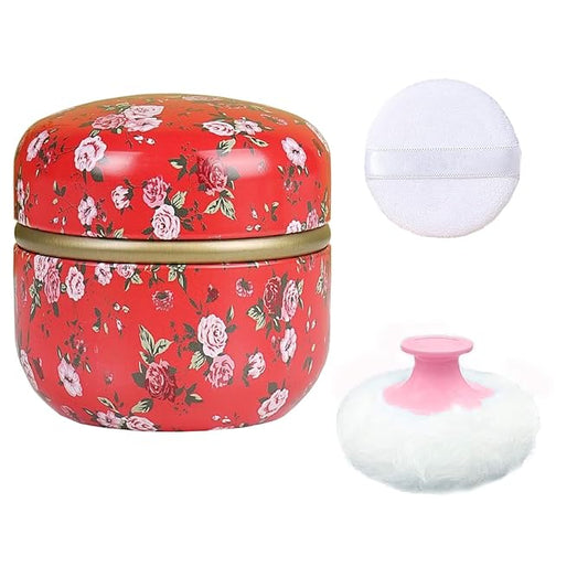 Body Powder Puff and Container for Dusting Powder, Women Powder Puff and Powder Case for Bath and Travel (Red Rose)