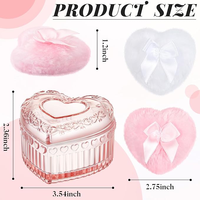 Tioncy 3 Pcs Large Body Powder Puff and Container Powder Container with Puff Crystal Soft Washable Reusable Velour Face Glitter Wet Dry Makeup(Pink,Heart)