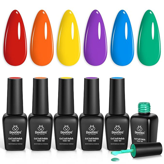 Beetles Rainbow Gel Nail Polish Set, 6 Colors Red Yellow Blue Orange Green Purple Polish Rainbow Flag Gel Nail Polish Kit Soak Off UV Nail Art Design Salon DIY Manicure Gifts for Women Girls