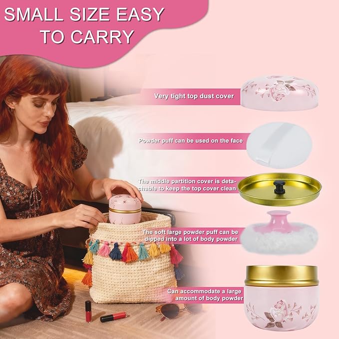 SHIMIDO Body Powder Puff and Container, 3.15" Portable Empty Body Powder Container for Baby Women's Loose Dusting Powder, Powder Case Box with Lids for Bath, Travel and Home Use (Old time)