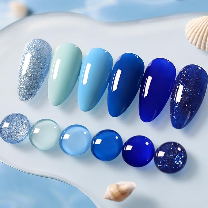 BORN PRETTY Blue Gel Nail Polish Set 6 Colors Light Blue Baby Blue Royal Blue Reflective Glitter Blue Nail Gel Kit Soak Off Nail Art Manicure Design Home Salon Holiday Gift