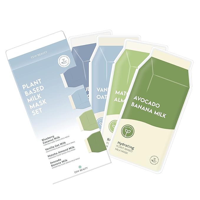 ESW Beauty Plant-Based Milk Face Masks - 8-Pack Skincare Set - Hydrating, Radiance, Firming & Soothing with Avocado, Matcha, Blueberry, Vanilla & Oat Extracts for All Skin Types