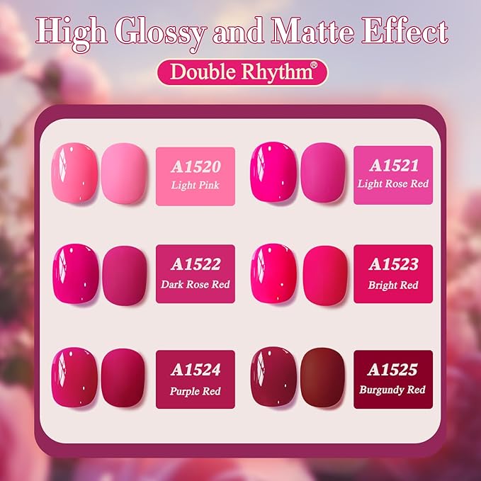 Double Rhythm 6 Pcs 15 ML Gel Polish Set Same Color Same Bottle Soak Off Gel Polish Kit Nail Art Manicure Salon DIY at Home for Women (Neon Light Pink Purple Burgundy Red-T6-8)