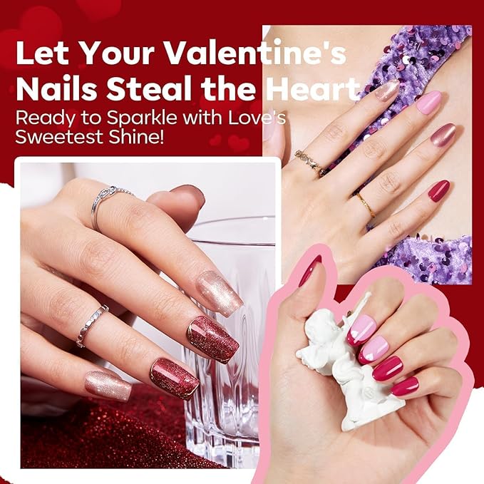 modelones Pink Nail Polish Set, Red Cat Eye 6 Colors Quick Dry Mini Finger Long Lasting Fast Drying DIY Manicure Kit Nail Art Home Salon Valentine's Day Gifts for Women Girl