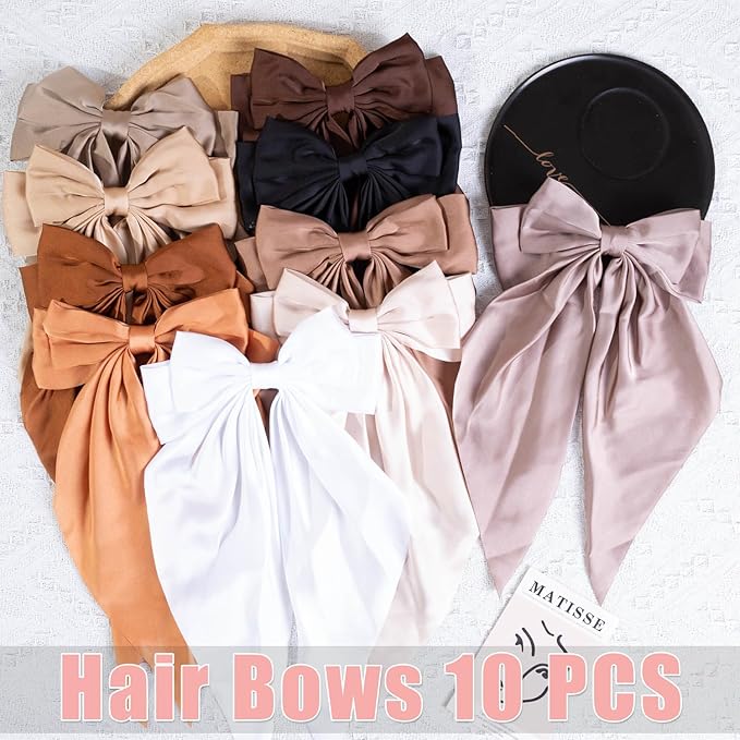 10 PCS Large Hair Bows Ribbon Bow for Women,Hair Bows for Womens,Oversized Long-tail Cute Aesthetic Hair Accessories,Large Hair Barrettes for Women,Big Bows for Girls(Warm brown