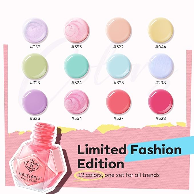 modelones Nail Polish Set, 12 Colors Spring Summer Blue Green Pink Nude Yellow Purple Pastel Quick Dry Mini Starter Kit Long Lasting Art DIY Manicure Set at Home for Women Girls 