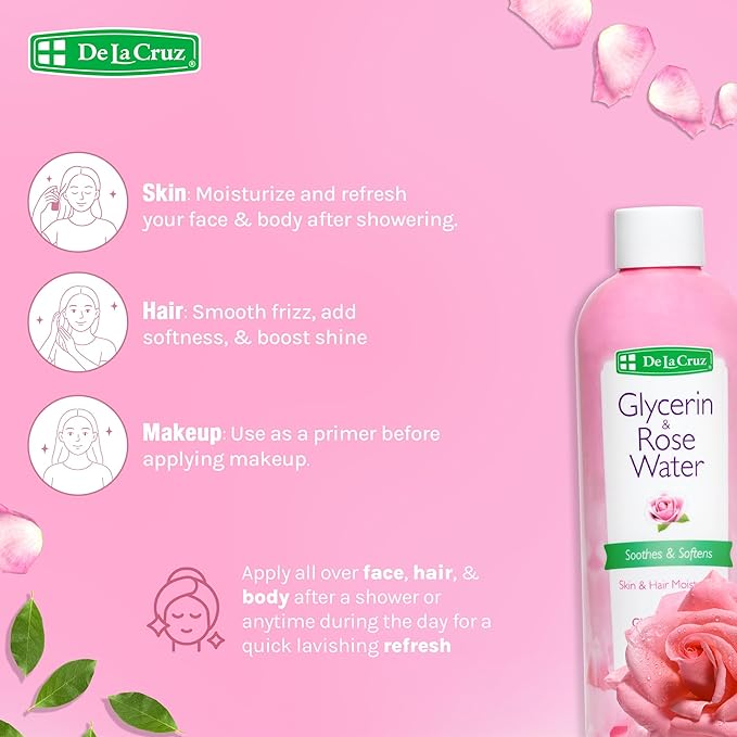 De La Cruz Rose Water and Glycerin for Face - Rosewater Facial Toner and Moisturizer for Skin and Hair 8 fl oz. (236 mL) - 1 Bottle