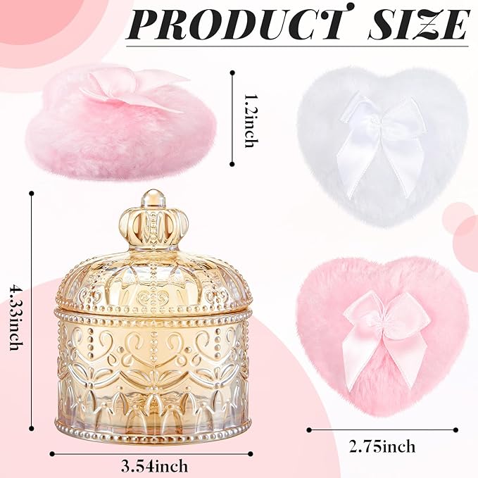 Tioncy 3 Pcs Large Body Powder Puff and Container Powder Container with Puff Crystal Case Soft Washable Reusable Velour Face Body Glitter Wet Dry Makeup(Crown,Amber)
