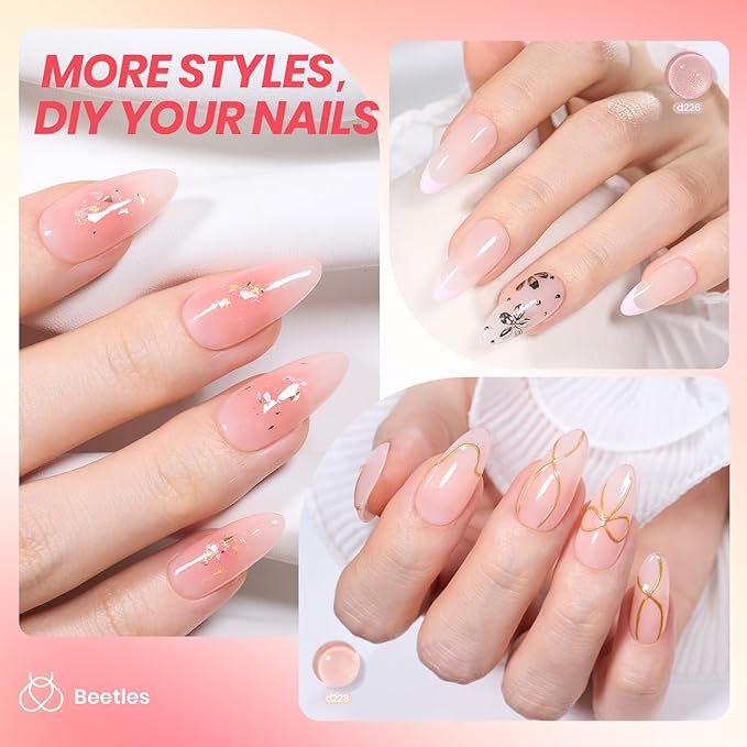 Beetles Jelly Gel Nail Polish Set, 6 Colors Jelly Nude Pink Gel Polish Kit Neutral Sheer Shimmer Glitter Translucent Effect Soak off Uv Nail Concealer DIY Manicure Spring Summer Gift for Women