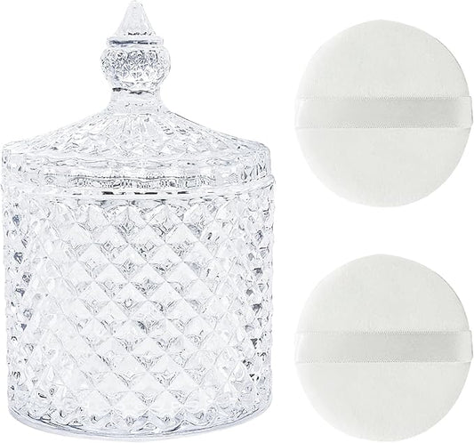 3 Pcs Large Body Powder Puff and Container,Glass Reusable Box Crystal Case Jar with Soft Puff