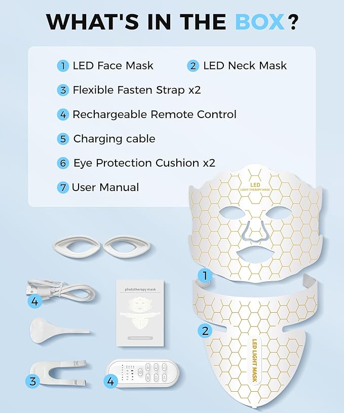 Yahi LED Face Mask Light Therapy, Red Light Therapy for Face, 7-1 Colors LED Facial Skin Care Mask, 175 High-Density Light Beads, White