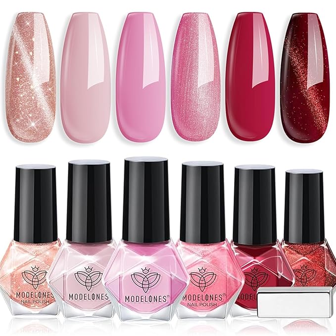 modelones Pink Nail Polish Set, Red Cat Eye 6 Colors Quick Dry Mini Finger Long Lasting Fast Drying DIY Manicure Kit Nail Art Home Salon Valentine's Day Gifts for Women Girl