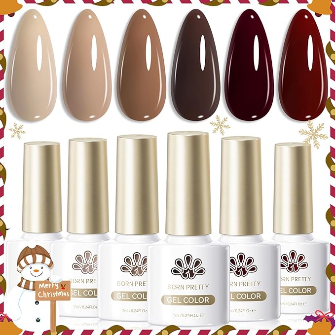 Born Pretty Fall Winter Brown Gel Nail Polish,6 Colors Brown Beige Khaki Skin Tone Gel Polish Roasted Chestnuts Chocolate Burgundy Red Gel Polish Kit for Salon Nail Art DIY at Home Manicure