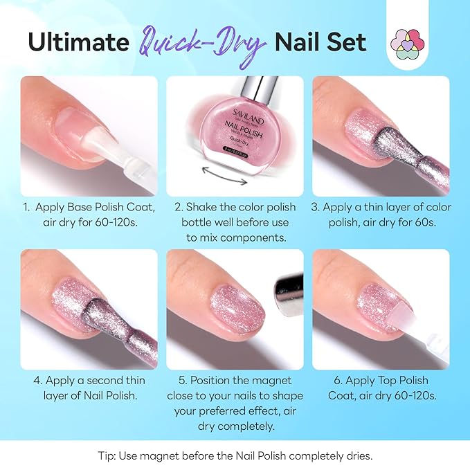 SAVILAND Color Artistry Cat Eye Nail Polish Set: Quick Dry 6 Colors Nail Polish with Magnet 12-Free Fingernail Polish Air Dry Nail Lacquer Bulk for Beginners Glass Bead Effect Manicure Women Gift