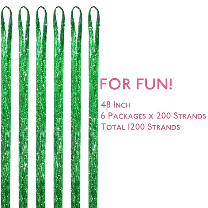 WENNALIFE Hair Tinsel for Girls, Green Fairy Kit 1200 Strands 6PCS 48 Inch Heat Resistant Glitter Tinsel Hair Extensions Kit Christmas Angel for Sparkle Strands