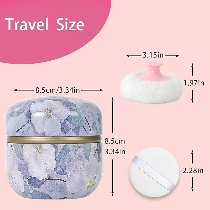 SHIMIDO Body Powder Puff and Container, 3.15" Portable Empty Powder Case Box with Lids for Baby, Women's, Travel and Home Use (Purple Flowers)
