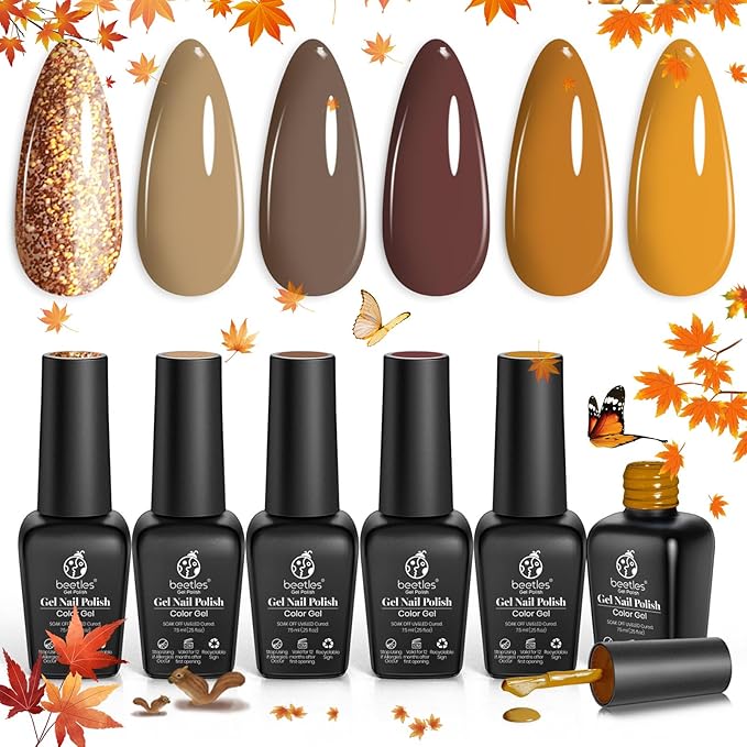 Beetles Fall Gel Nail Polish Set 6 Colors Caramel Chocolate Coffee Mocha Yellow Gold Glitter Brown Gel Polish Kit Soak Off UV LED Cured Nail Art Gifts for Women Caramel Swirl
