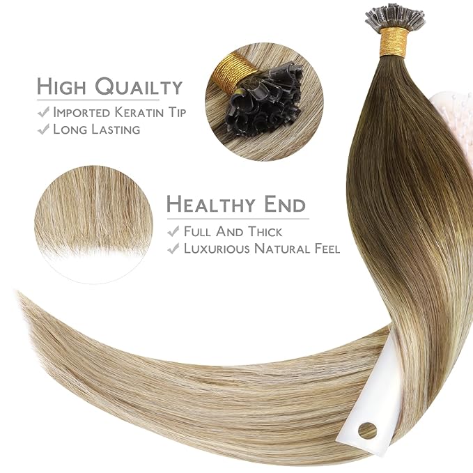 WENNALIFE U Tip Hair Extensions Human Hair, 50g 50s 16 Inch Ombre Walnut Brown to Ash Brown and Bleach Blonde Remy Hair Extensions K Tip Hair Extension Real Human Hair Invisible Straight Keratin Hair
