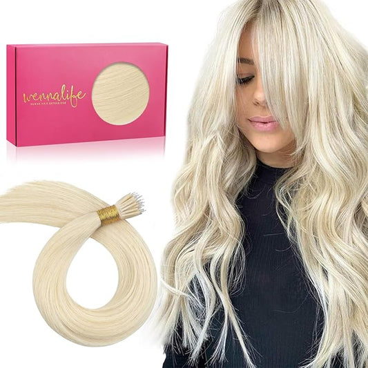 WENNALIFE Nano Bead Hair Extensions Human Hair, 50g 100s 14 Inch Platinum BlondeReal Human Hair Extensions for Women Invisible Nano Ring Hair Extensions Remy Human Hair Extensiones De Cabello Humano