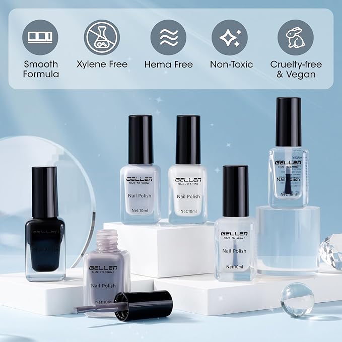 Gellen 4 Colors Black White Gray Nail Polish Set & Base Top Coat, Fall Winter Trendy Winter Black White Grey Regular Nail Polish Quick Air Dry Set for Women DIY Nails Home Salon, Hema Free, Toxin Free