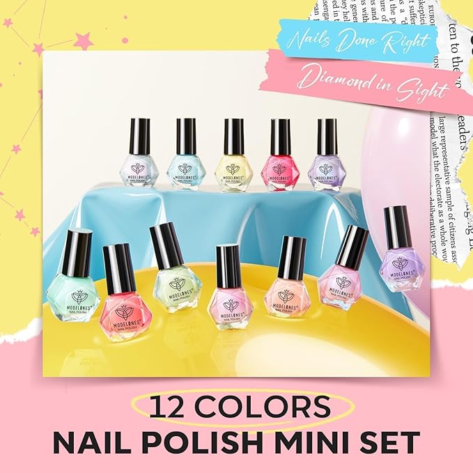modelones Nail Polish Set, 12 Colors Spring Summer Blue Green Pink Nude Yellow Purple Pastel Quick Dry Mini Starter Kit Long Lasting Art DIY Manicure Set at Home for Women Girls 